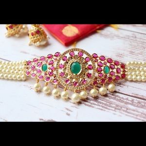 Fine Pearl Polki Choker Set In Ruby Pink And Green